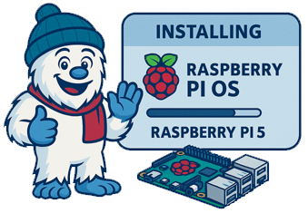 a cute cartoon of frosty standing next to a raspberry pi